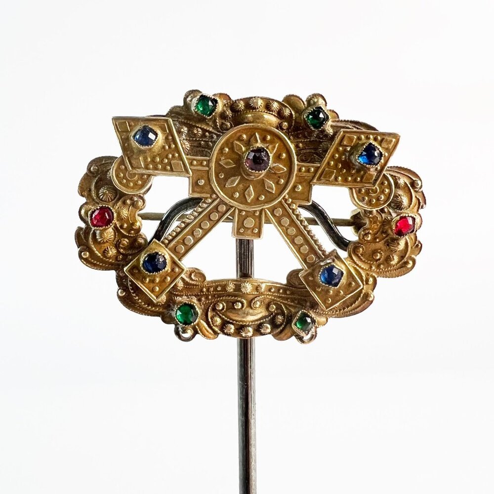 Antique Victorian  Jeweled Rhinestone Brass Sash Pin Etruscan Revival Czech?